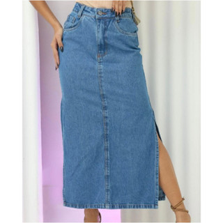Saia jeans midi aberto cintura alta sem lycra