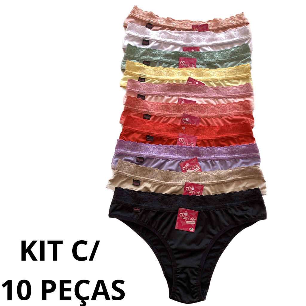 kit com 10 Calcinhas em Microfibra com Cintura de Renda Modelagem Baixa Paty Grife em Oferta na Shopee