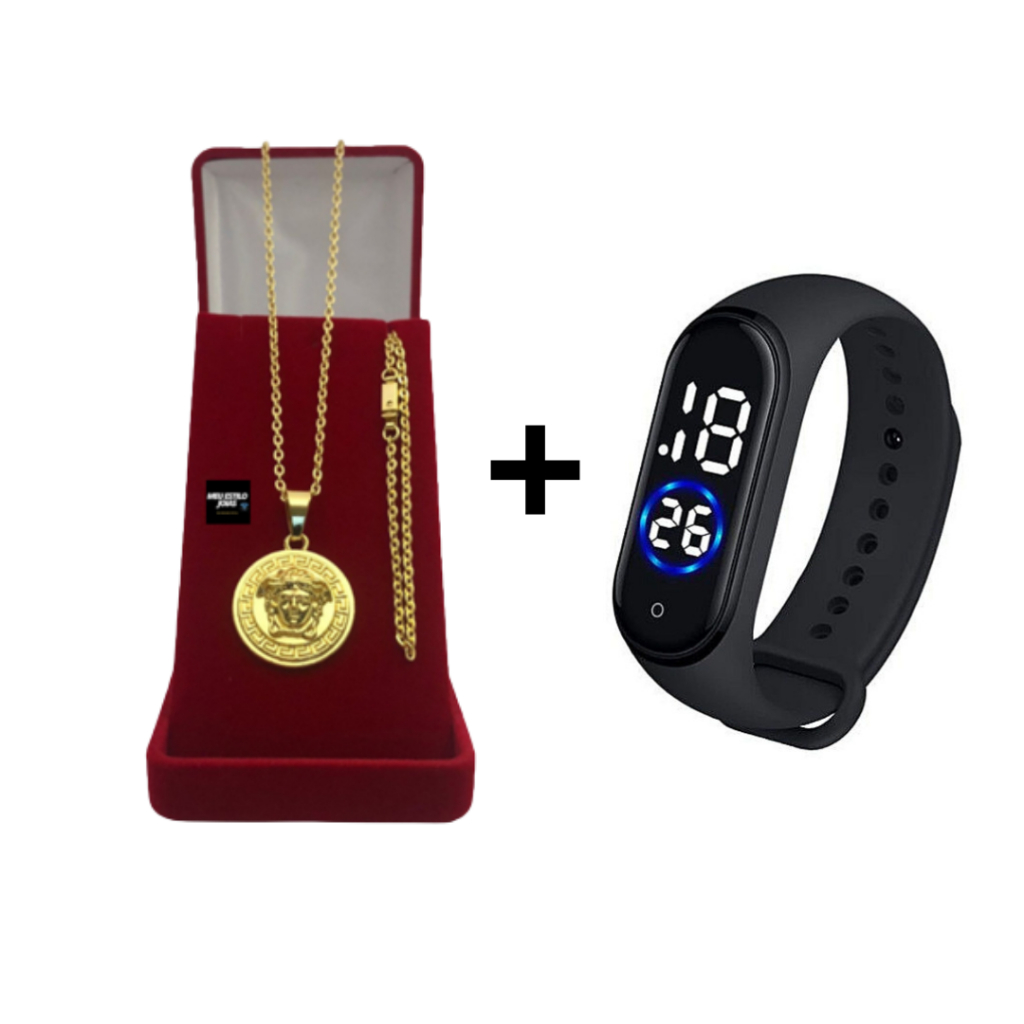 Corrente masculina cadeado 2mm (70cm) + pulseira e pingente medusa banhado a ouro 18k + Relógio De Pulso Digital Com LED Prova D'água