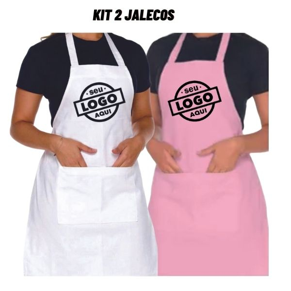 Kit 2 Avental Jaleco Frente Unica Rosa Bebê e Branco com Sua Logo Personalizado - Manicure - Nail Designer - Salão de Cabeleireira - Professora - Estética- Uniforme