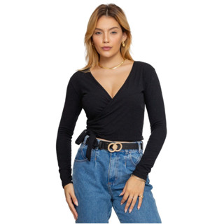 Blusinha Feminina Envelope Transpassada Manga Longa Malha Canelada