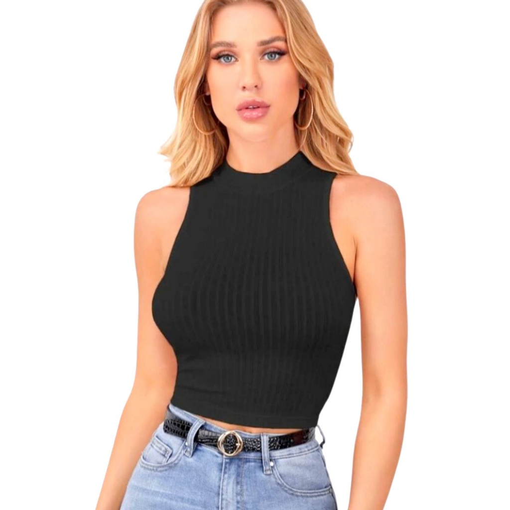 Cropped Feminino Blusinha Gola Alta Canelada Chique Blogueiras