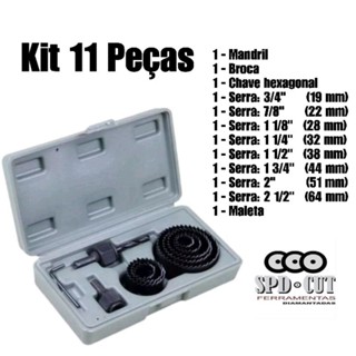 PROMOÇÃO Jogo Serra Copo para Madeira, Gesso, PVC 11 Peças + Estojo