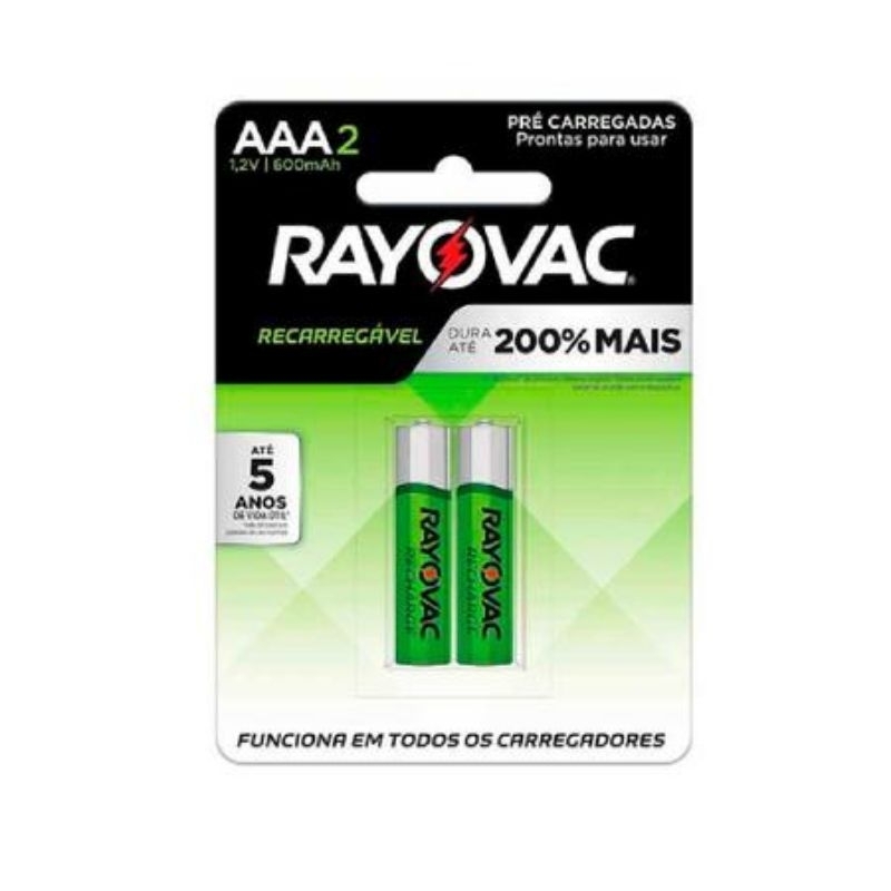 02 Pilhas AAA 600 mAH Recarregável Rayovac 3A Palito 1 Cartela com 2