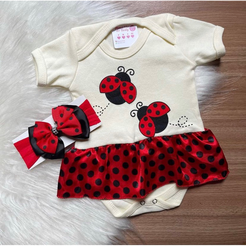 Body temático 100% algodão joaninha + laço com joaninha em Oferta na Shopee