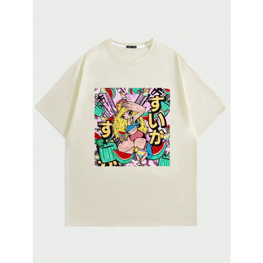 Camiseta Streetwear Grafite Estilosa Estampa Anime Garota Bordado Melancia Letra Japonês Blusa Oversized Unissex