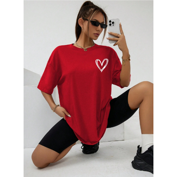 Camiseta Coração Grande Feminina Oversized Manga Curta Amor Aesthetic Streetwear Casual Linda