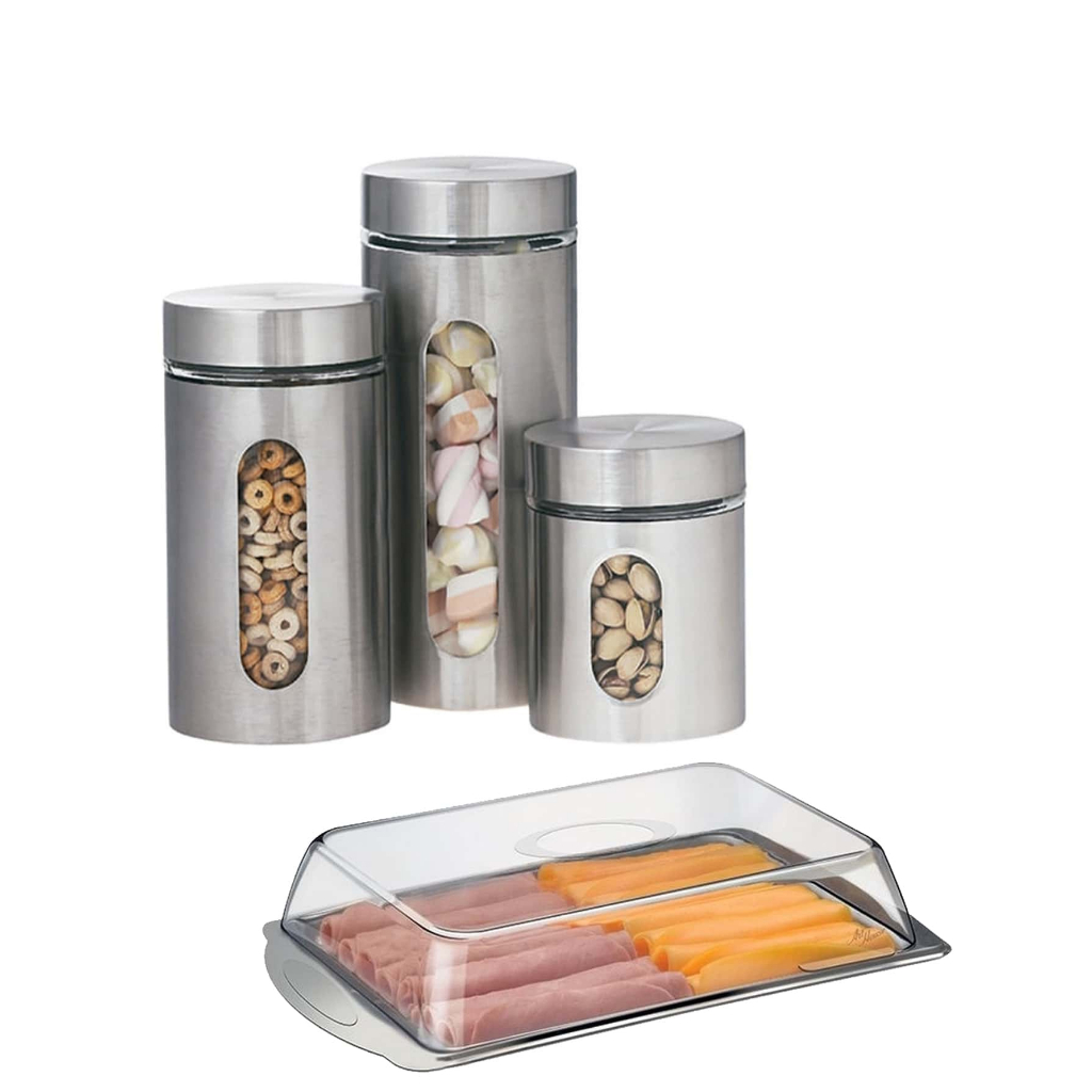 Kit 3 Potes de Inox e Vidro Para Mantimentos e Porta Frios Duplo Em Aço Inox Com Tampa Acrílica Armazenamento