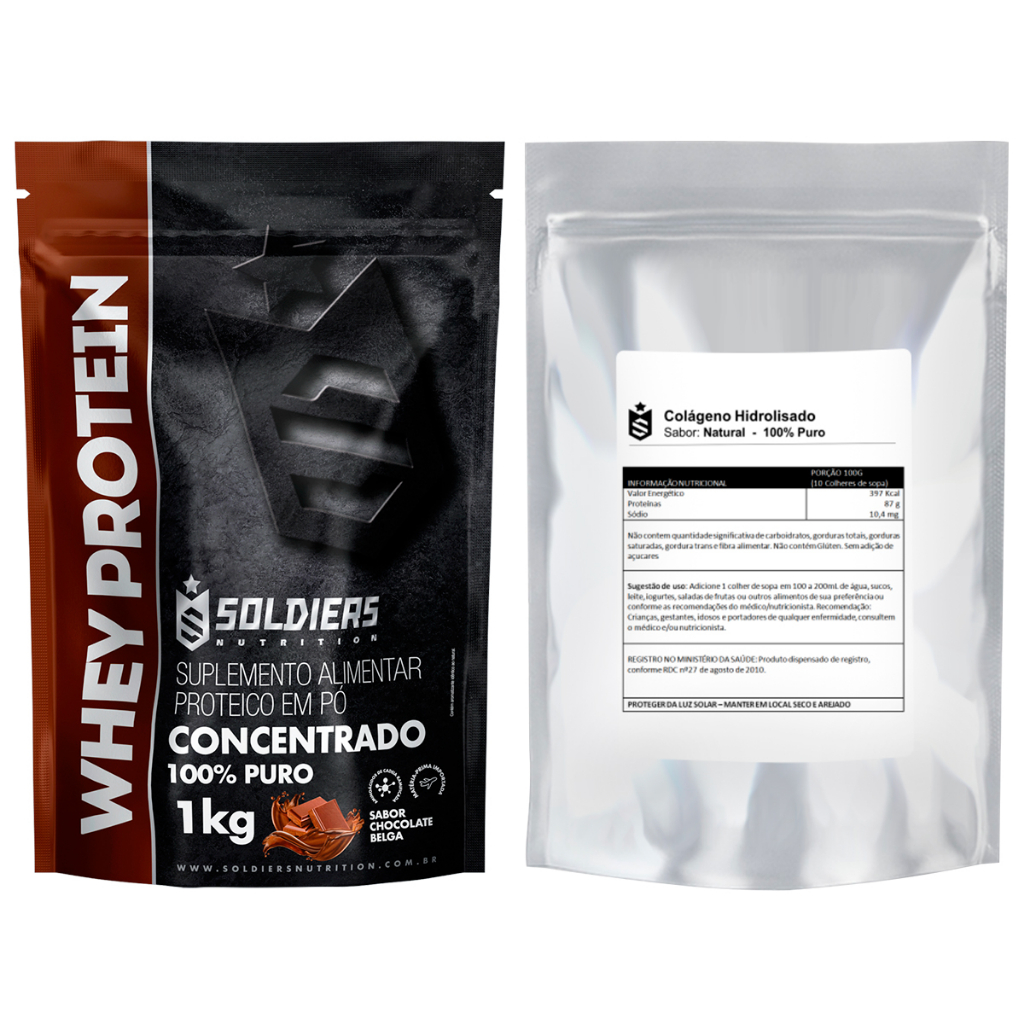 Kit: Whey Protein Concentrado 1Kg + Colágeno Tipo 1 Hidrolisado 1Kg - 100% Importado - Soldiers Nutrition