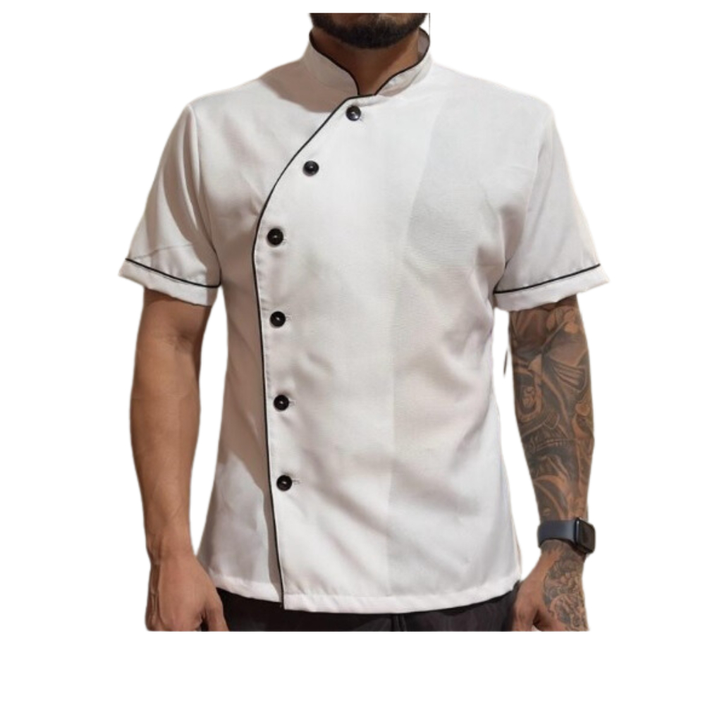 Dolma Chef De Cozinha uniforme profissional gastronomia Branca Com Detalhes Pretos unissex