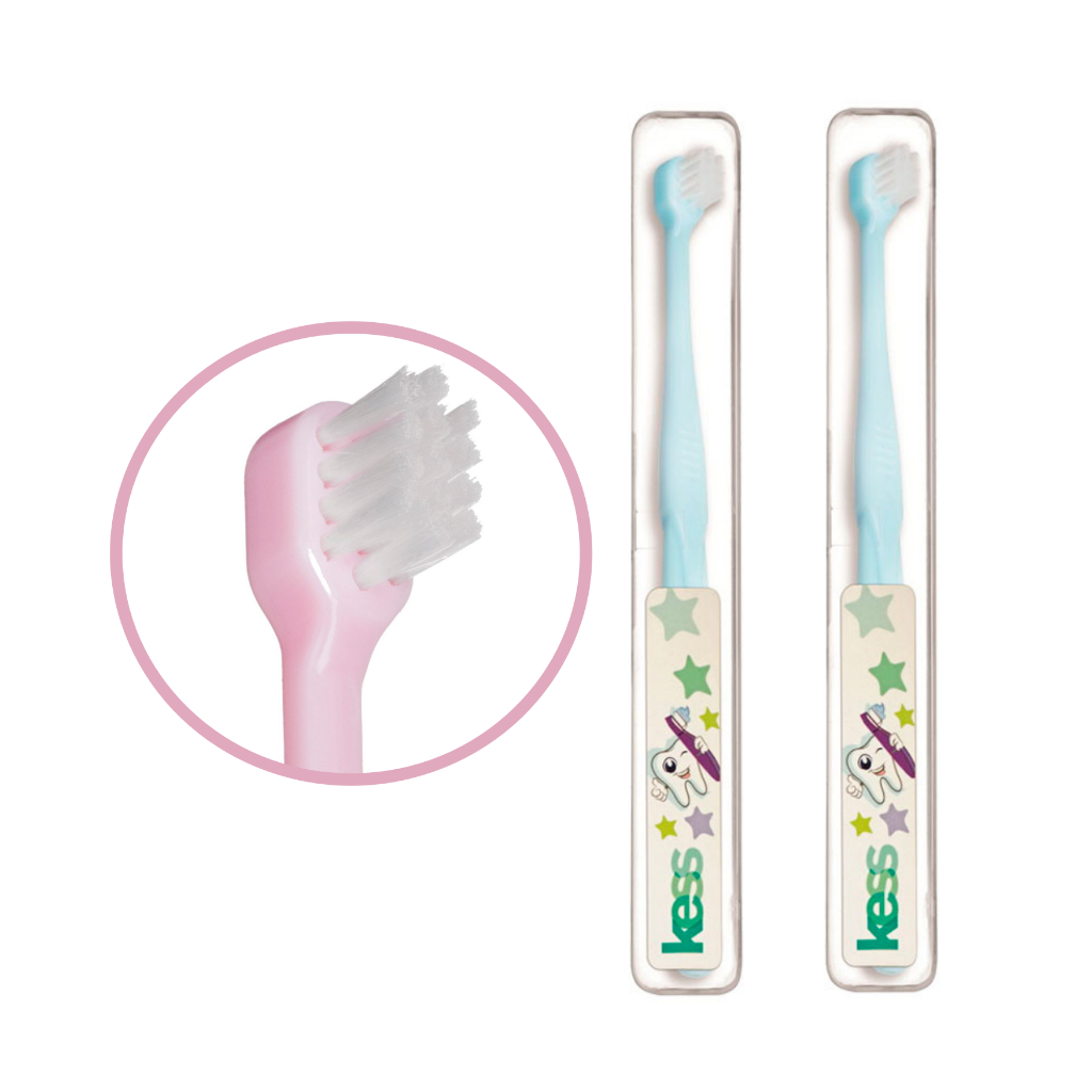 Kit com 2 Escova de Dente para Bebê Baby Infantil Kess Dentinho 6 meses com Porta Escova Protetor Rosa Azul Menino Menina