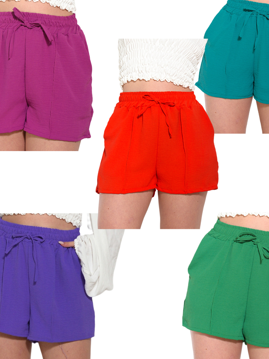 Kit 5 Short Soltinho Laço Feminino Alfaiataria Curto Cintura Alta Liso Bermuda Bolso Cordão Social