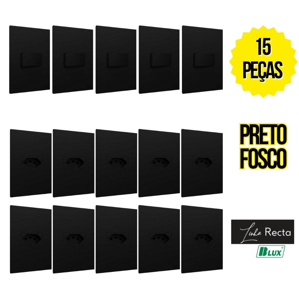 15 Peças Pack Tomada 10a e Interruptor Recta Satin Black 4x2 Preto Fosco Blux