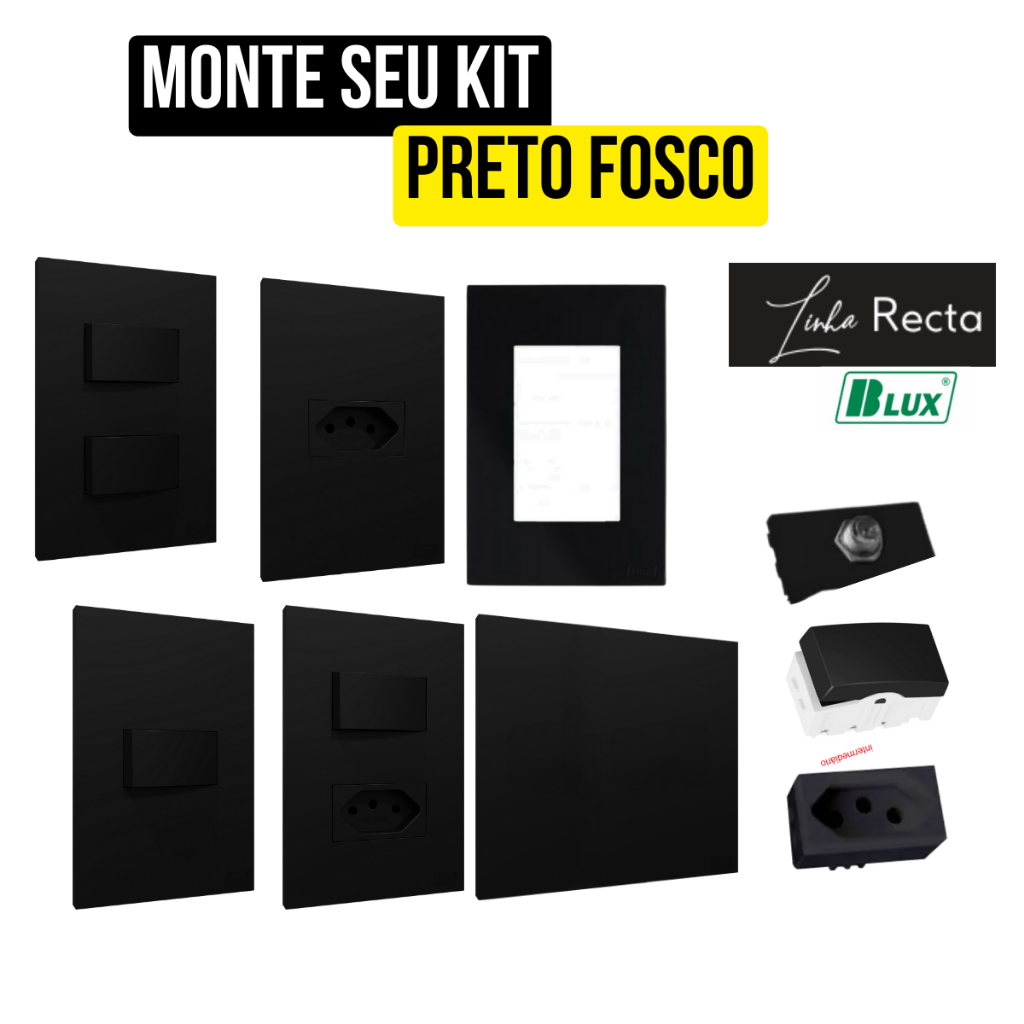 Tomadas e Interruptores Placa Modulo 4x2 4X4 Parede Preto Fosco Recta Satin Black 10a ou 20a interruptor paralelo Blux