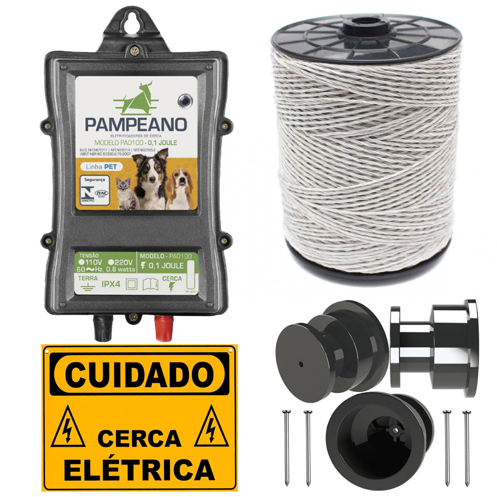 Kit Eletrificador Cerca Pet Shock + 1 Fio 250 + 100 Roldanas + 3 Placas Advertência em Oferta na Shopee