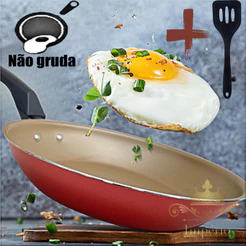 Frigideira Francesa 22 cm Com Espátula Antiaderente Com 5 Camadas De Teflon Cor Cereja E Dourado Alumínio Reforçada Funda Para Ovo