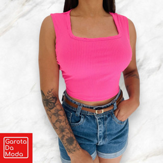 Regata Feminina Cropped Canelado Decote Quadrado Gringa