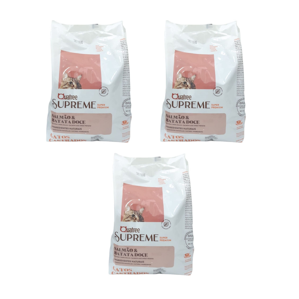 Kit 3 Rações Quatree Supreme Gato Castrado Salmão e Batata Doce 1kg