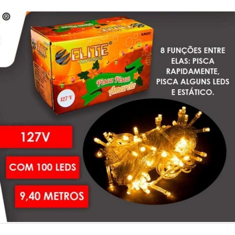 10 Caixa de Pisca Pisca de Natal 100 Leds Decoração de Festa 9,4 Metros 110v a 127v Amarela 8 Funções