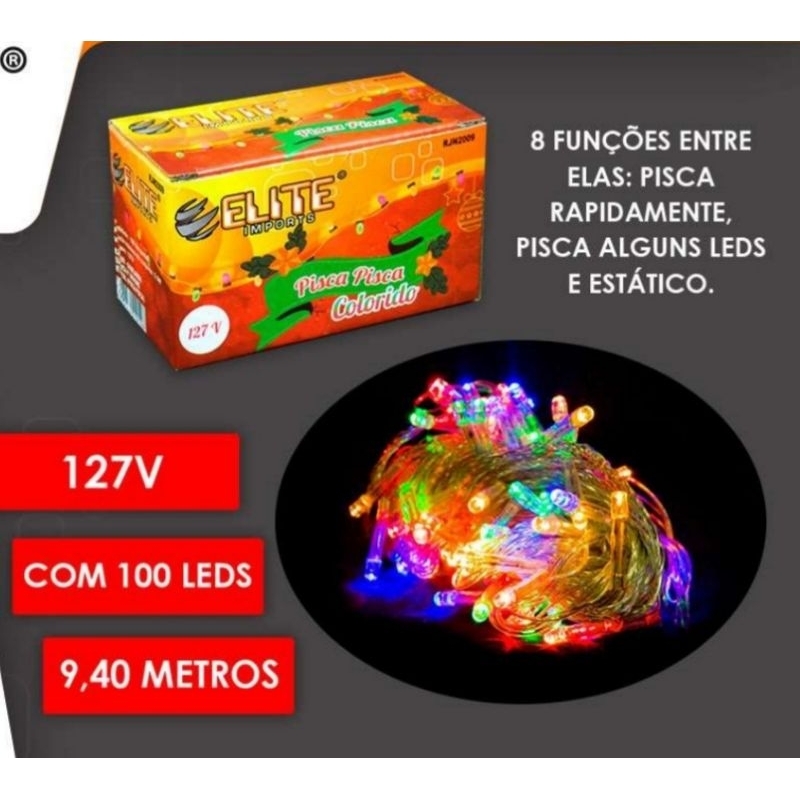 10 Caixa de Pisca Pisca de Natal 100 Leds Decoração de Festa 9,4 Metros 110v a 127v Colorida 8 Funções