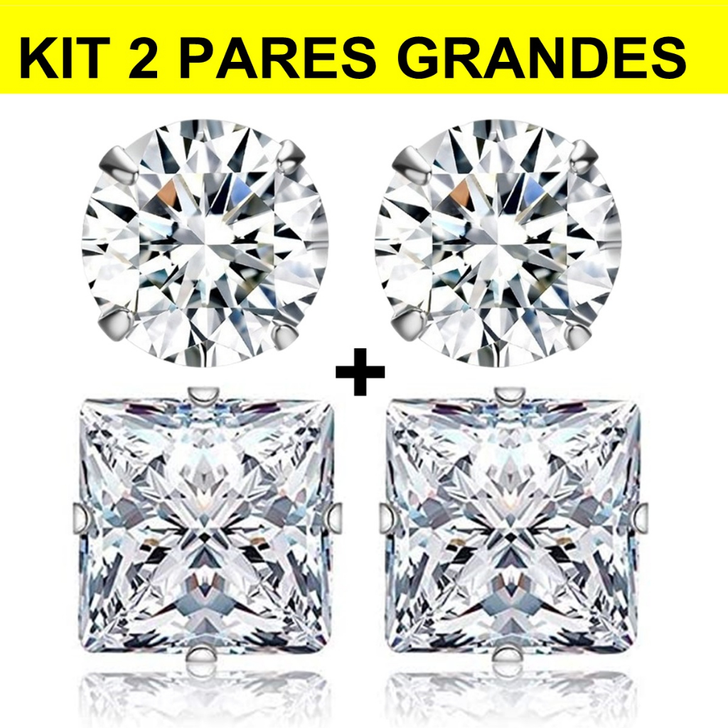 KIT 2 PARES DE BRINCOS UNISSEX GRANDE AÇO INOX BRILHO ETERNO PONTO DE LUZ ZIRCONIA BRINCO MASCULINO BRINCO FEMININO TOP