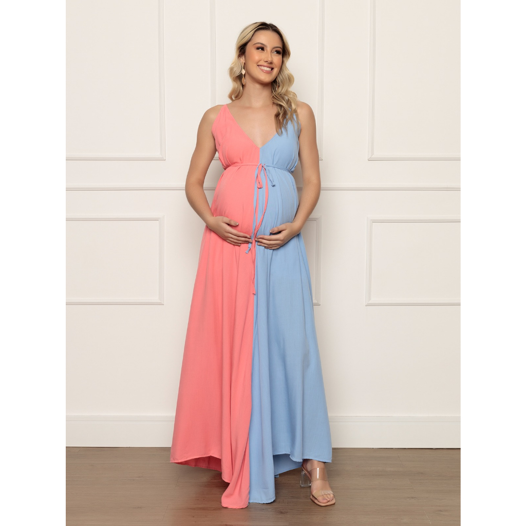 Novidade! Vestido de Grávida Para Chá Revelação Bi Color Duo Color Verde e Lilas com Bojo lindo