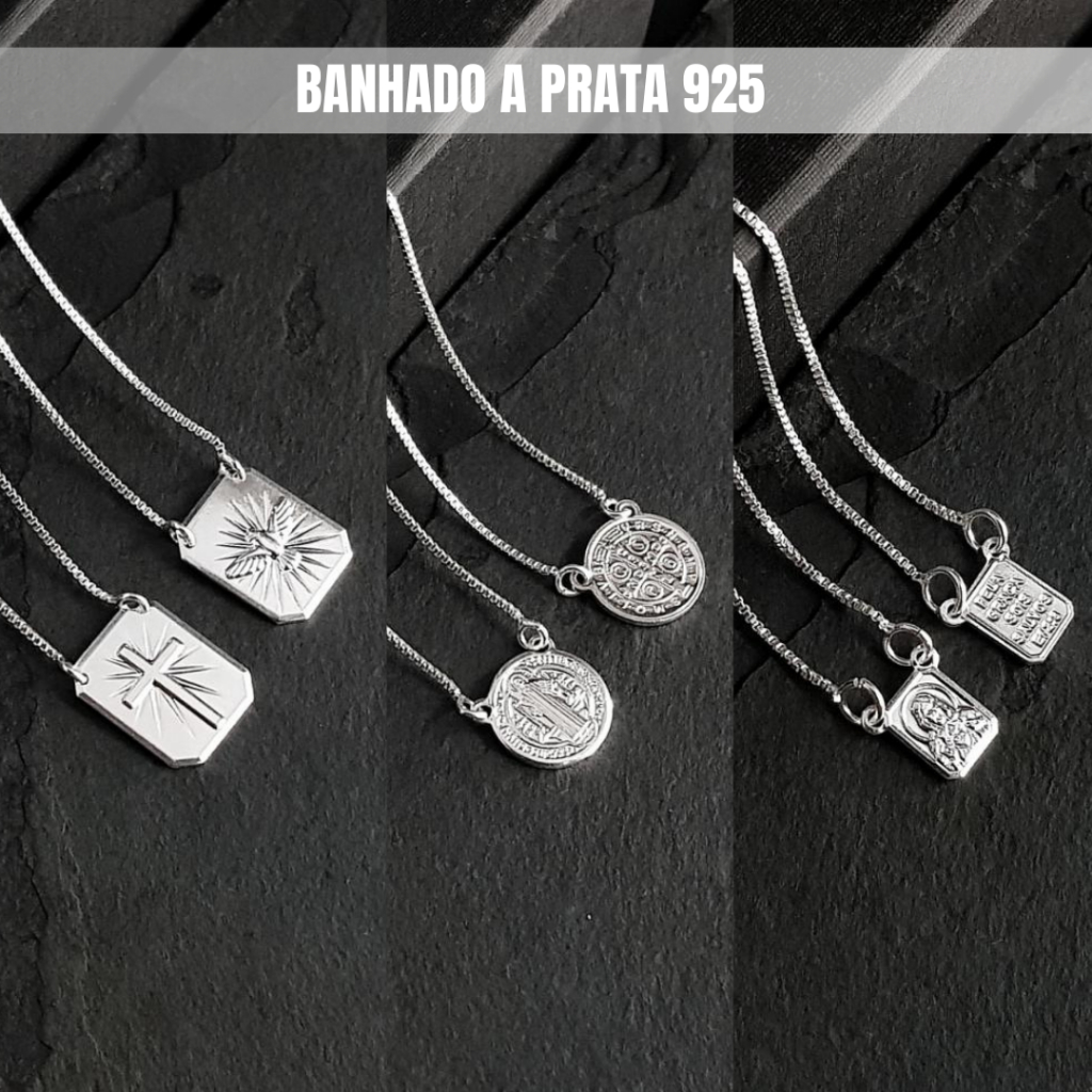 Escapulario Masculino Banhado Prata Medalha São Bento Mini Nossa Senhora Divino Cruz