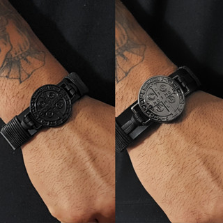 Pulseira Masculina De Couro São Bento Medalha Preta