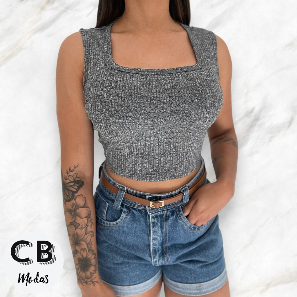 Blusa Feminina Cropped Feminino Decote Quadrado Regata