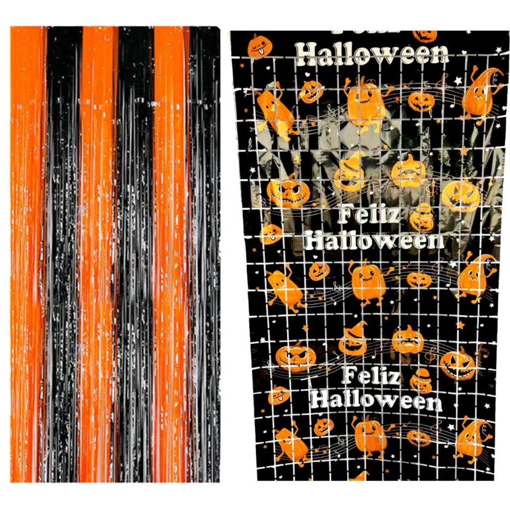 Cortina Metalizada Fita Quadradinho Slimmer Hall Franja Halloween Laranja Preto