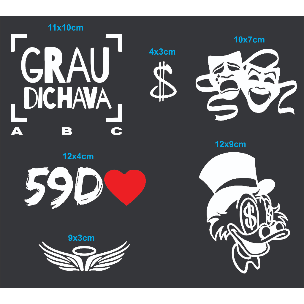 Kit 6 Adesivos GRAU DICHAVA, 59D, CHORA AGORA RIR DEPOIS, CIFRÃO, ANJO MotoO