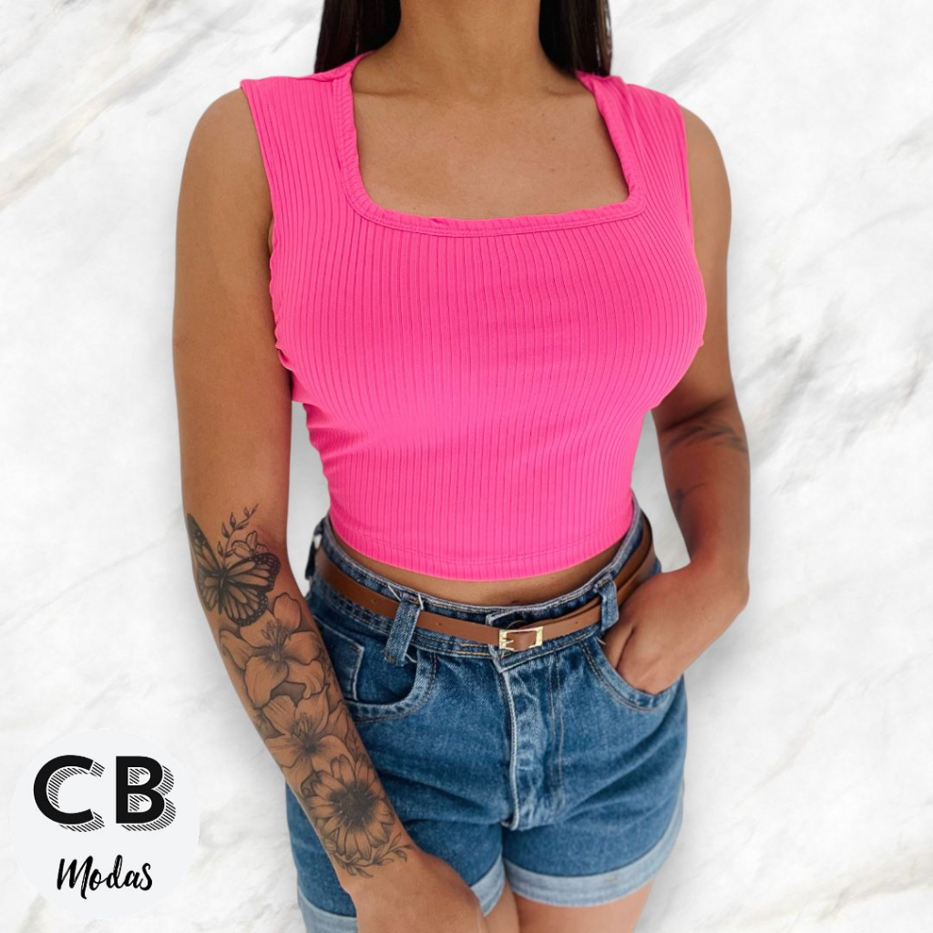 Cropped Canelado Feminino Decote Quadrado Regata Feminina
