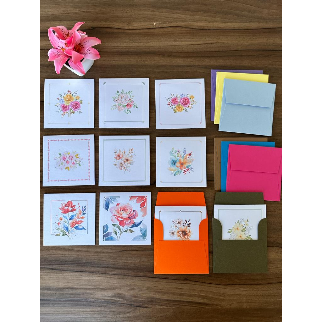 Kit 20 unid cartão flor e envelope colorido