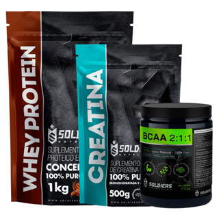 Kit: Whey Protein Concentrado 1Kg + Creatina Monohidratada 500g + BCAA Em Pó 250g Natural - 100% Importado - Soldiers Nutrition
