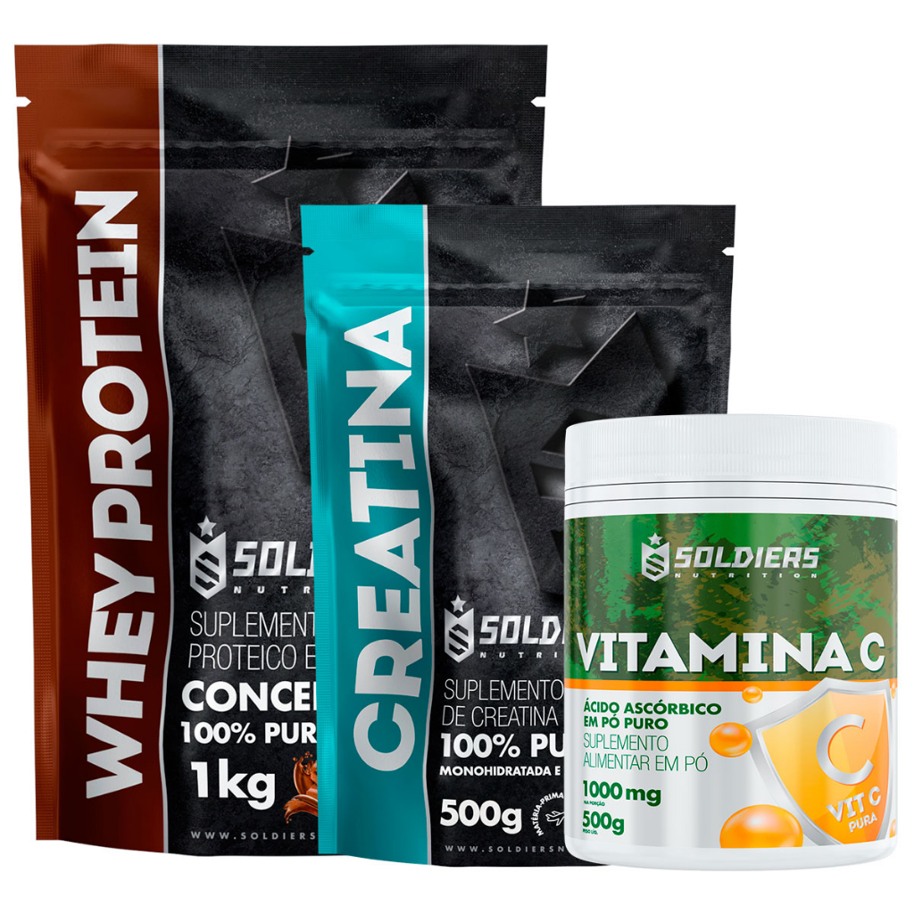 Kit: Whey Protein Concentrado 1Kg + Creatina Monohidratada 500g + Vitamina C Em Pó 500g - 100% Importado - Soldiers Nutrition