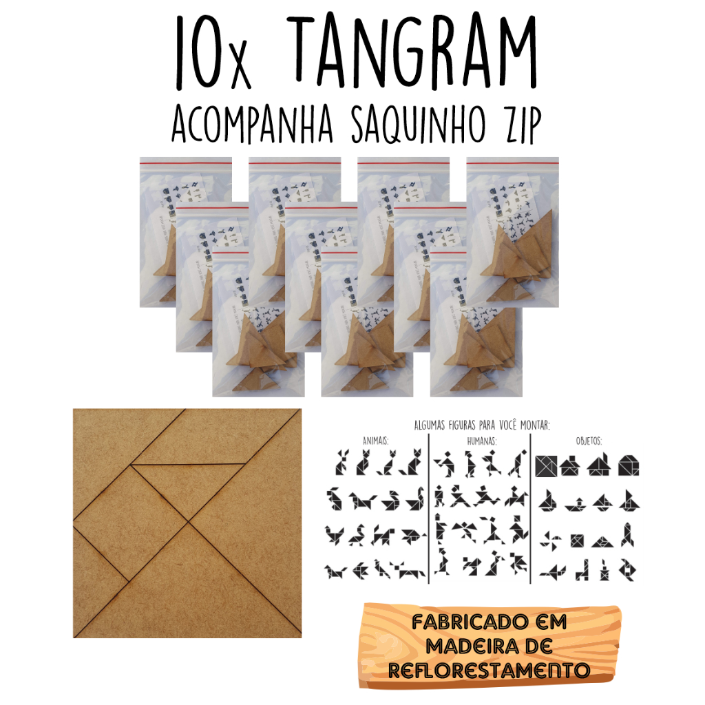 10 Tangram em Madeira MDF 10cm - Quebra cabeça geométrico / forme figuras / brinquedo pedagógico / brinquedo de madeira