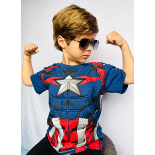 Camiseta Infantil Capitão américa 4 AO 10 com musculo abdômen Fantasia Personagem Meninos Marvel Herói