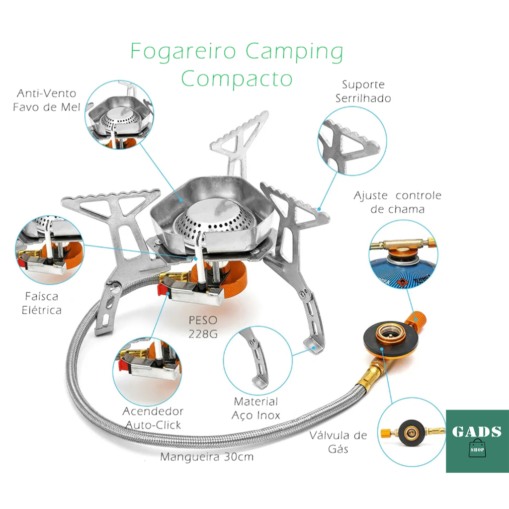 Mini Fogão Fogareiro em Aço 4 estações Dobrável Camping Pesca Trilha