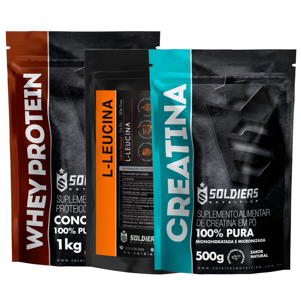 Kit: Whey Concentrado 1kg + Leucina 500g + Creatina Monohidratada 500g - 100% Importado - Soldiers Nutrition