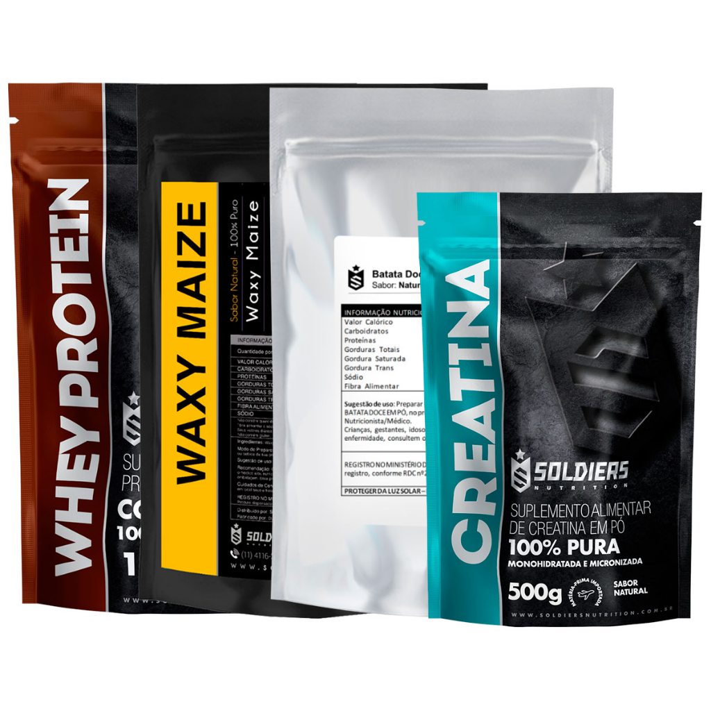 Kit: Whey Concentrado 1kg + Creatina Monohidratada 500g + Waxy Maize 1kg + Batata Em Pó 1kg - Soldiers Nutrition