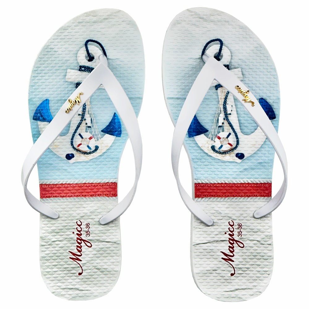 Chinelo Praia Feminino Adulto Sandália Slim Sola Antiderrapante Âncora Branca, Magicc CH-205