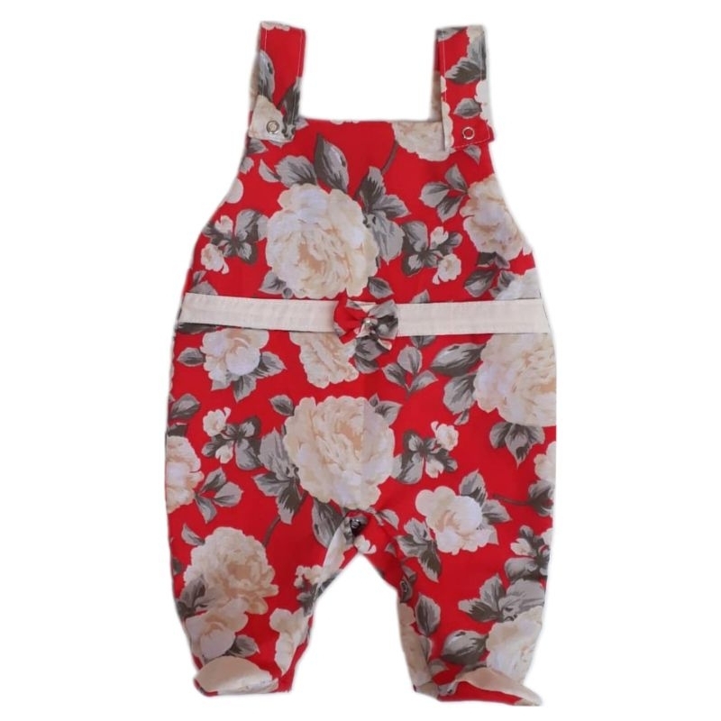 Jardineira Infantil Bebê Menina Floral Vermelho Mirella 100% Algodão