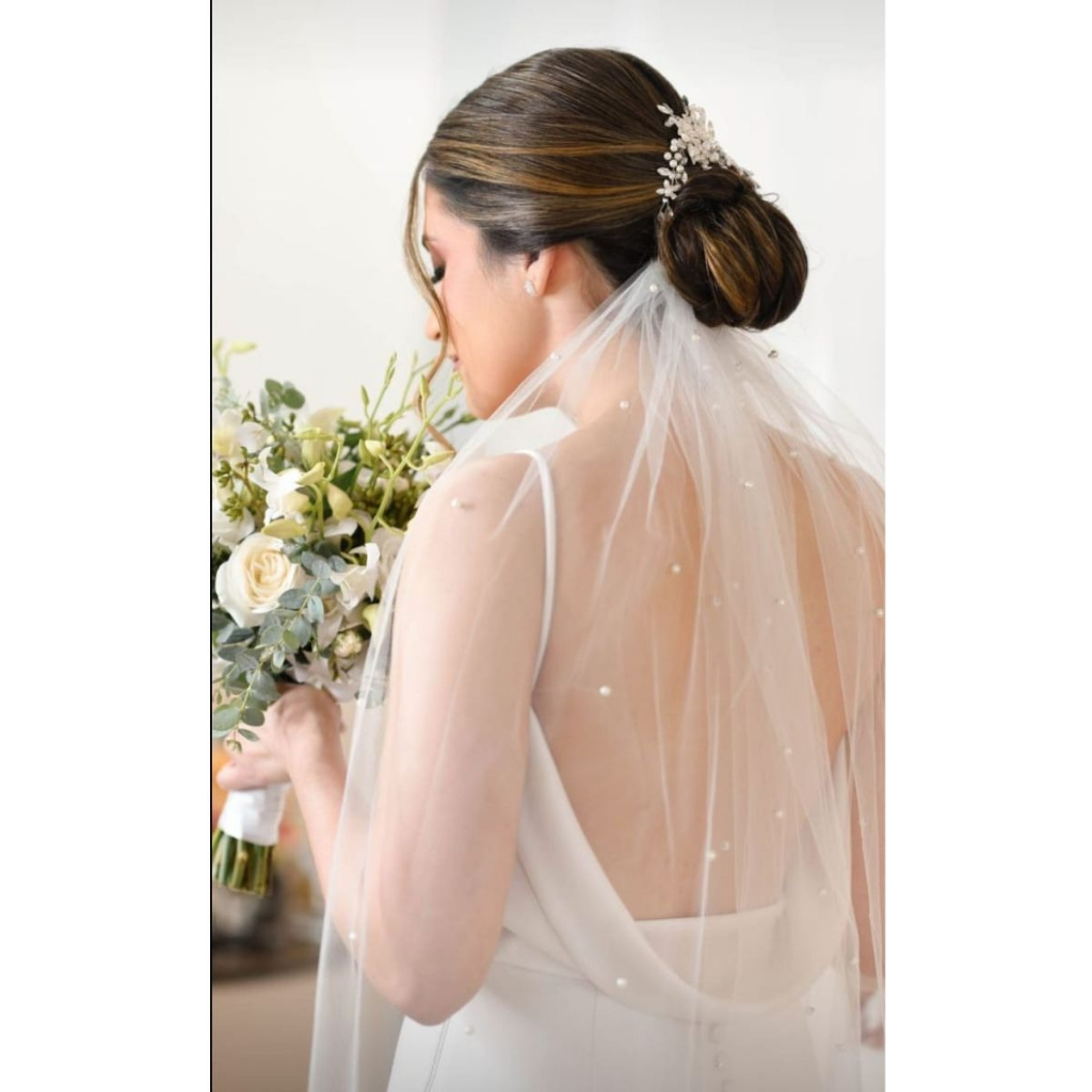Véu de Noiva Pérola Delicado Noiva Longo com Pente Vp14