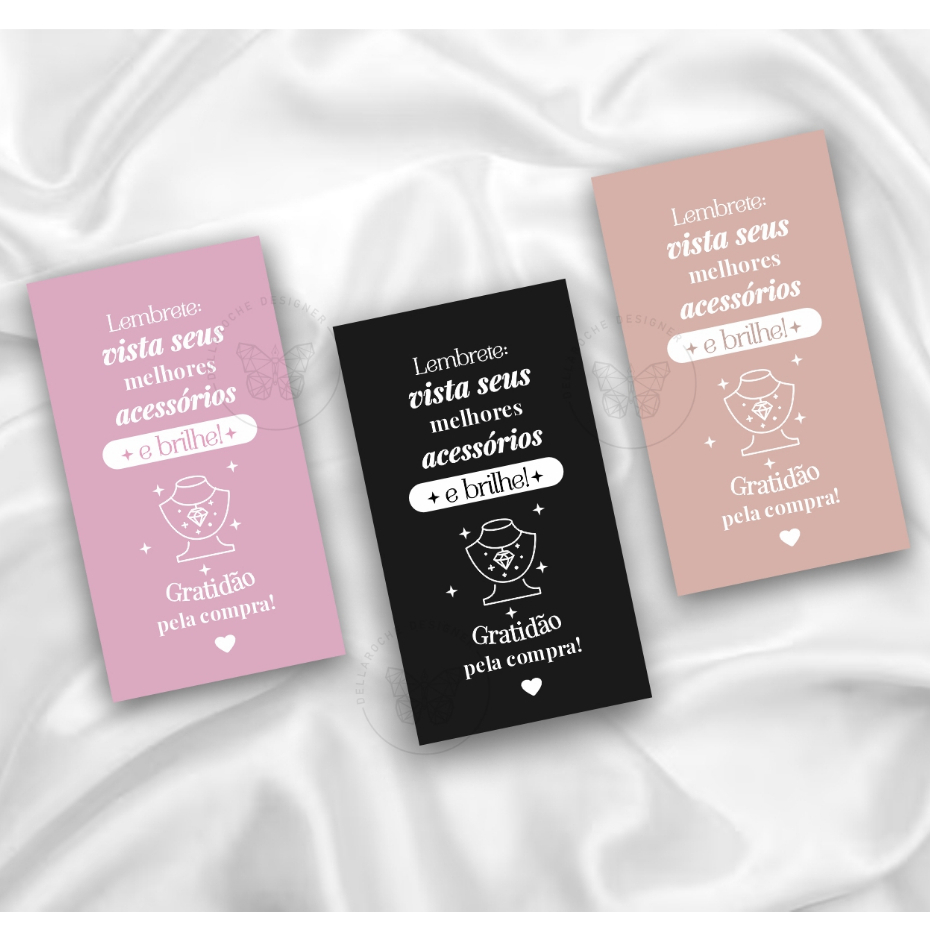 Cartão mini postal de cuidados com acessórios 9x5cm, semijoias e prata, agradecimento ao cliente pela compra