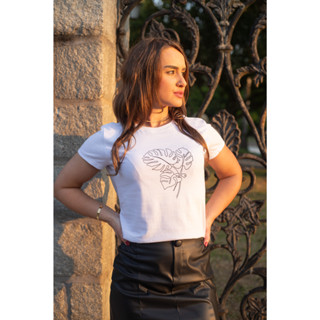 Camiseta Blusa T Shirt Feminina estampada Folhas 100% Algodão Básica 3 cores disponíveis