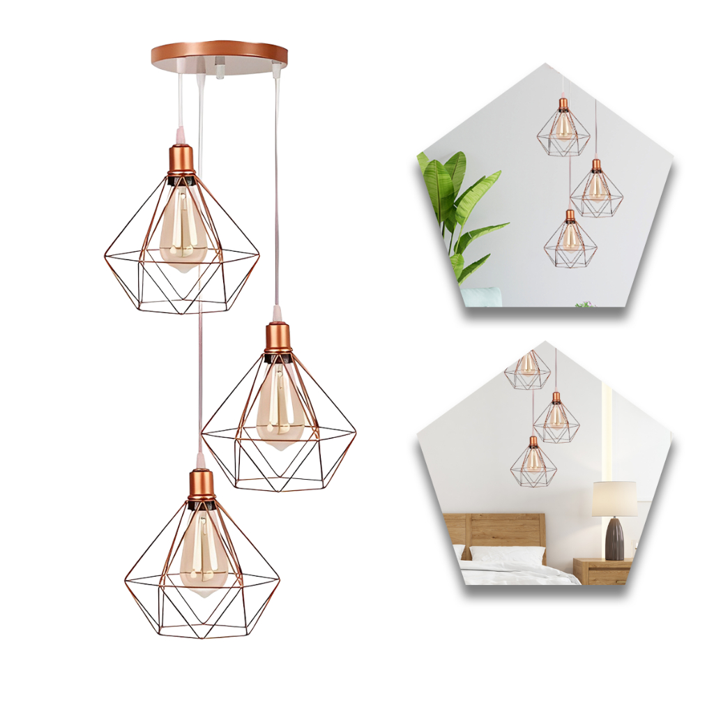 Pendente Luminária Diamante Triplo Rose Gold Cabo Cristal em Oferta na Shopee