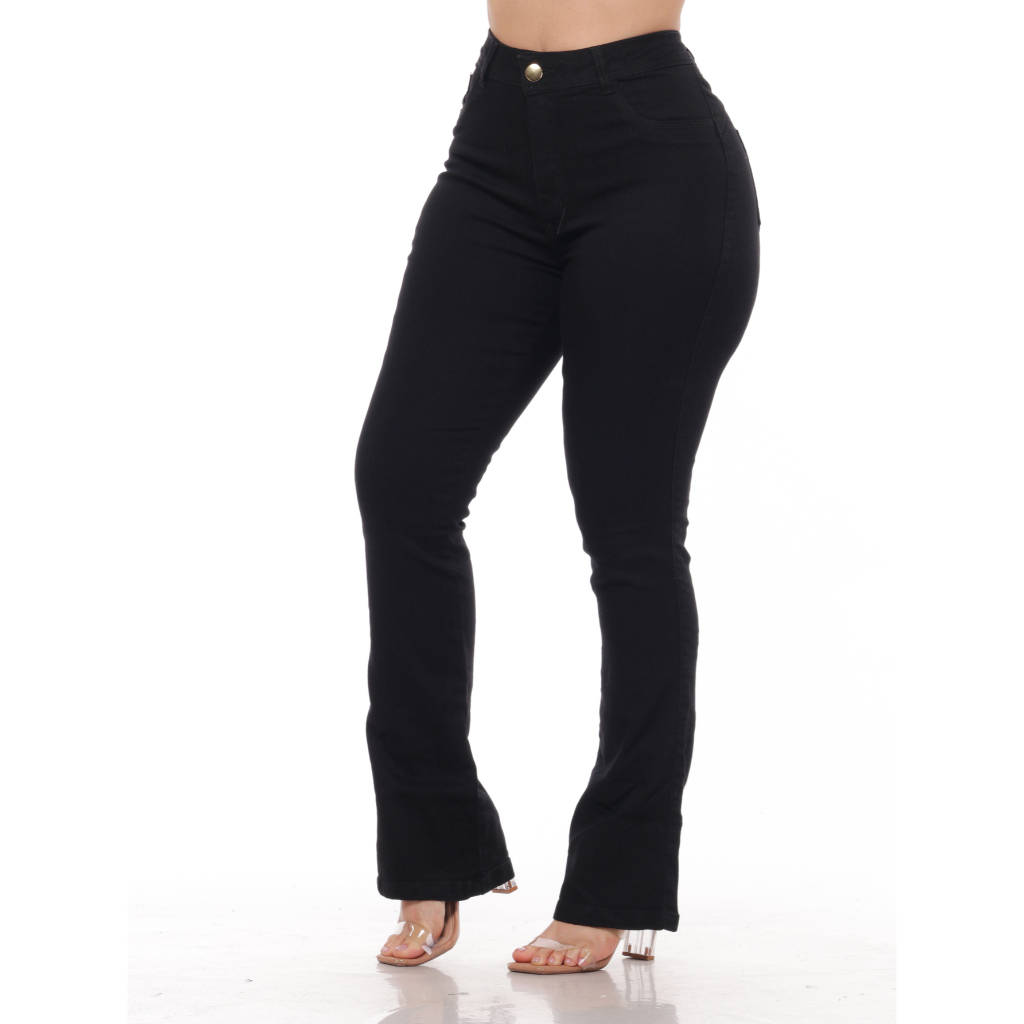 Calça Feminina Jeans Flare Preto Luxo Cintura Alta REF263