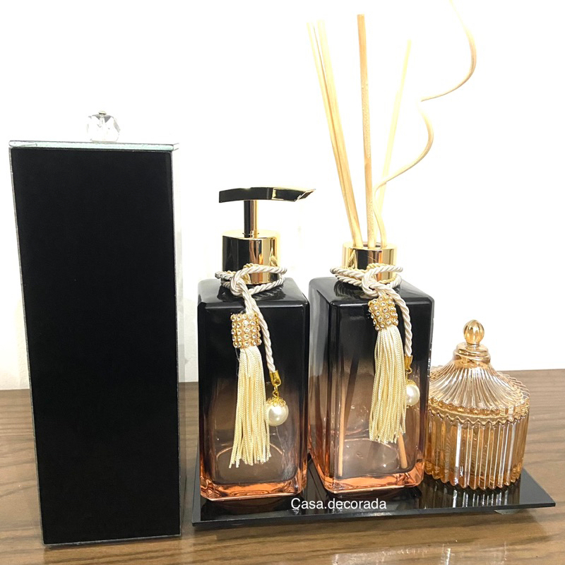 Kit Lavabo Preto Rose Luxo Porta Escovas de dente/ Creme dental Pasta Difusor de ambiente Saboneteira Porta Joia Dourado Pingente decorativo Bandeja