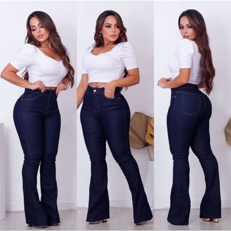 calça flare jeans feminina escura com laycra wissam jeans