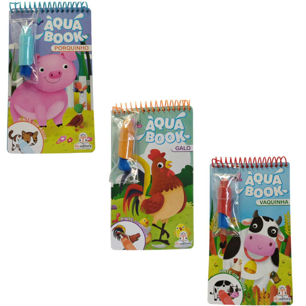 Livro Aqua Book - Meia Coleção com 3 (três livros) : Galo - Porquinho - Vaquinha - Blueditora - livros de pintura - pintura com água